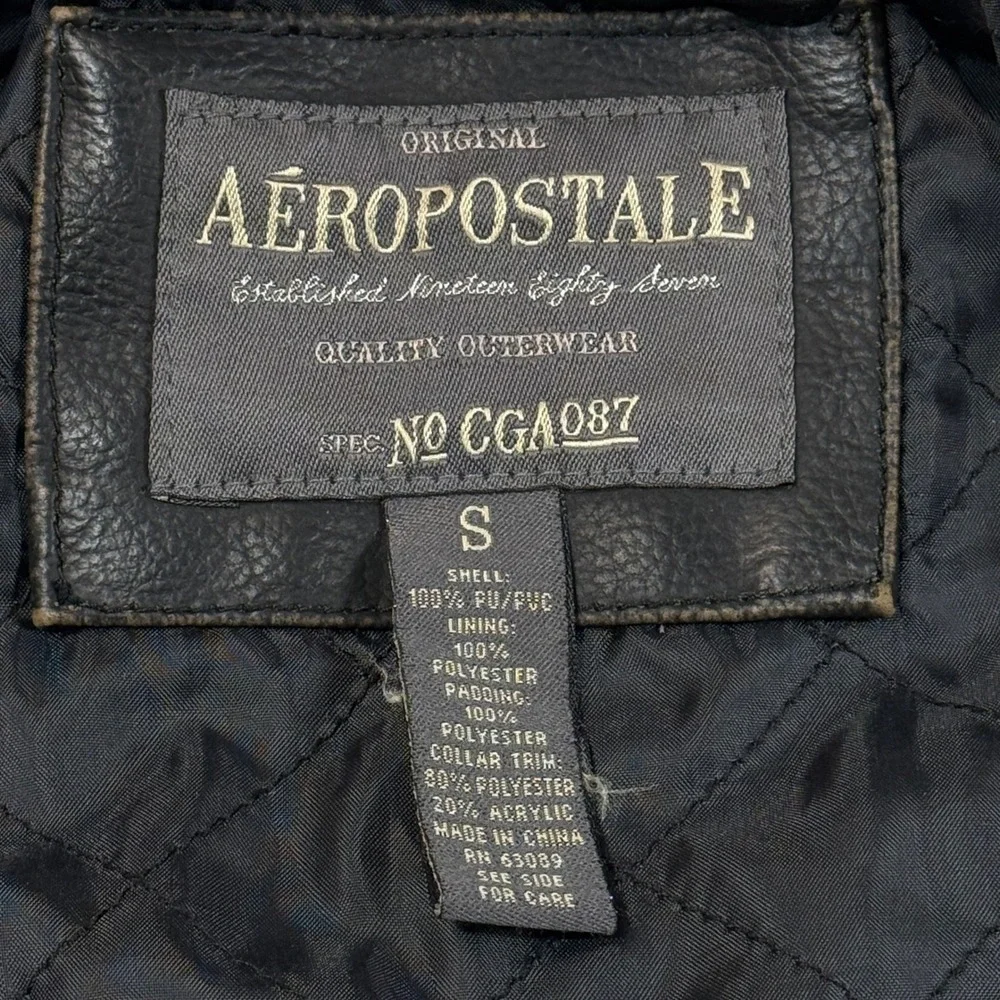 Aeropostale Faux Vegan Leather Jacket Sherpa Collar Brown Mens Small Bomber‎